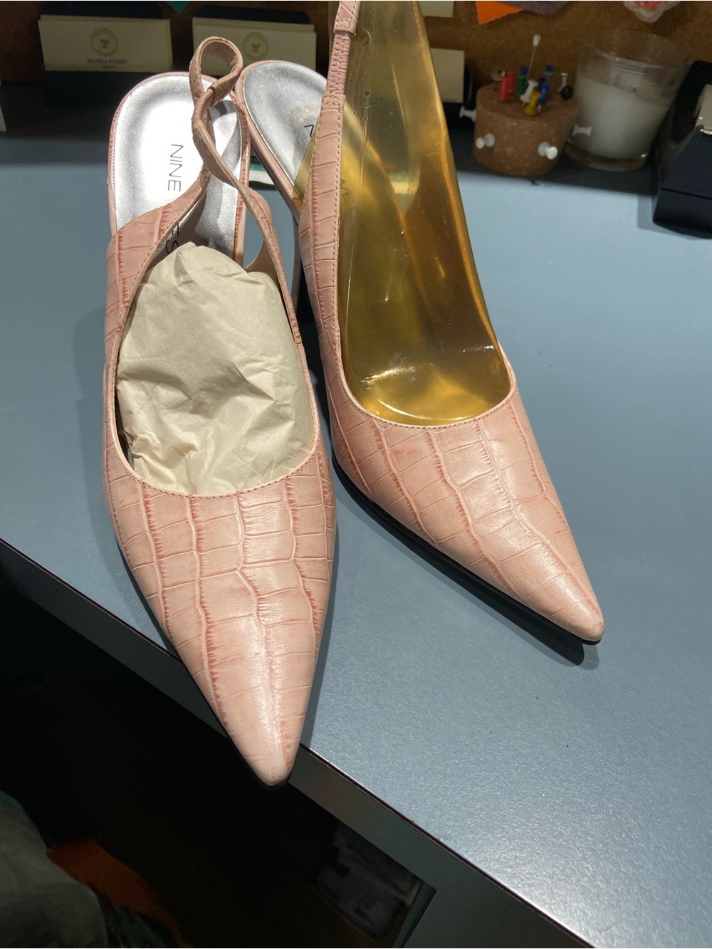 Nine West Blush Croc-Embossed Pointed Toe Slingback Pumps